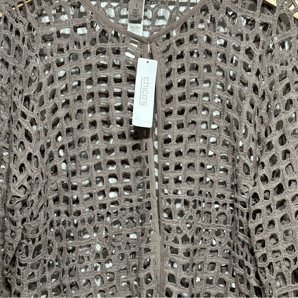 Chico’s Easywear Crochet Lace Long Sleeve Texas Taupe Cotton Cardigan Jacket NWT - Picture 11 of 16